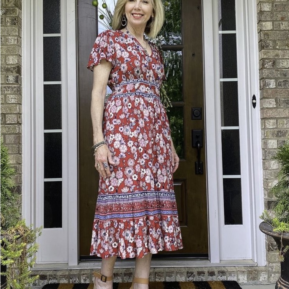 Knox Rose Red Boho Chic Floral Midi Dress Romantic Cottagecore XS - Picture 5 of 7